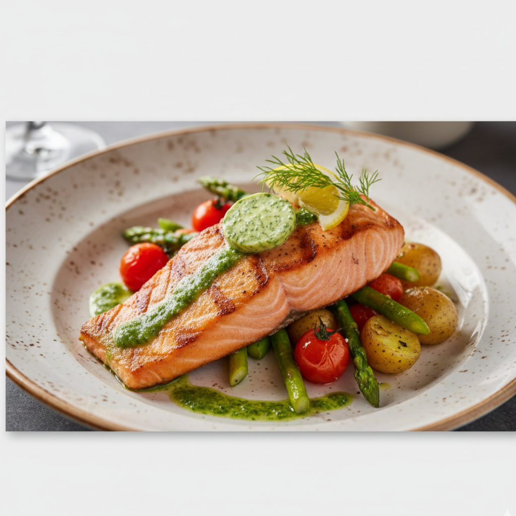 Perfectly grilled salmon fillet with a golden crust, served with lemon.