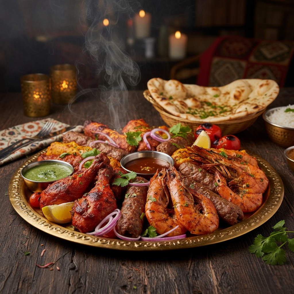 An elaborate and delicious seafood platter with lobster, shrimp, and mussels.