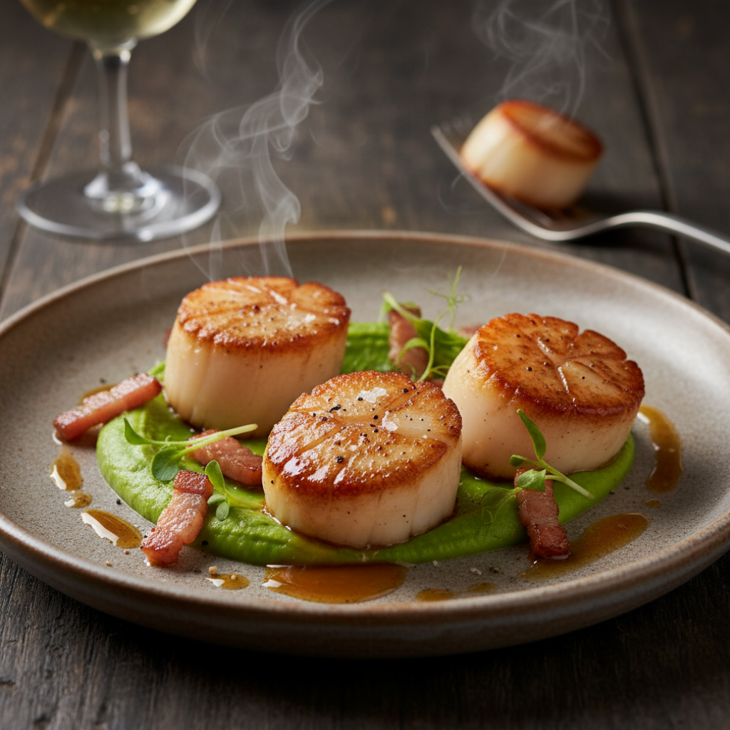 A perfectly seared scallop dish with delicate garnish.