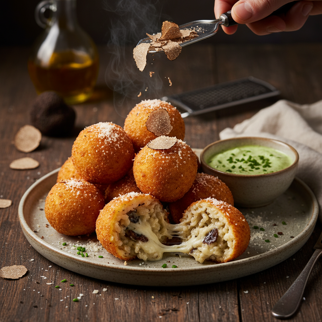 Golden fried truffle arancini balls.