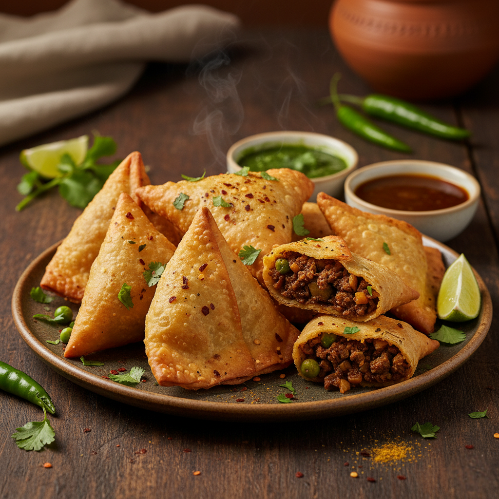 Spiced Lamb Samosas with a golden crust.