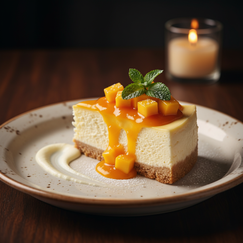 A beautiful slice of mango cheesecake on a white plate.