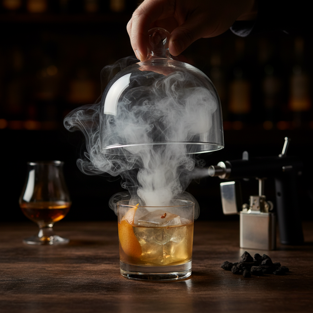 A smoked old fashioned mocktail with an orange twist.
