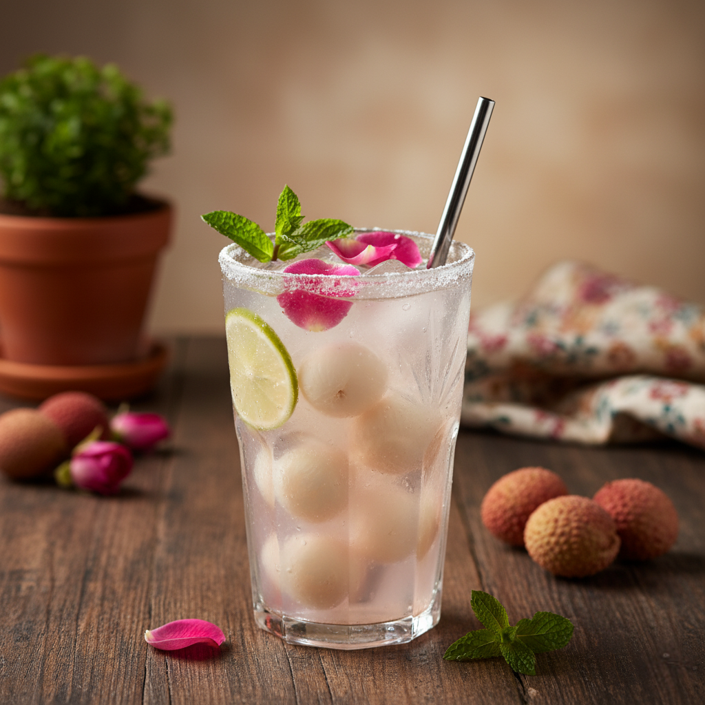 A refreshing pink lychee and rose cooler.