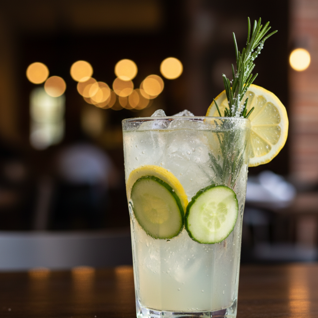 Iced herb lemonade in a glass with a sprig of rosemary.