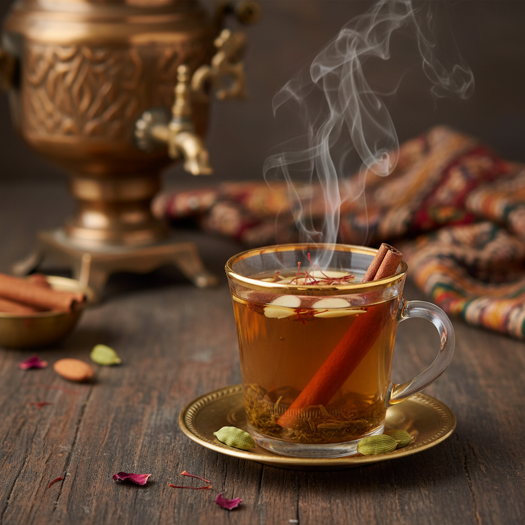 A warm cup of spiced Kashmiri Kahwa tea.