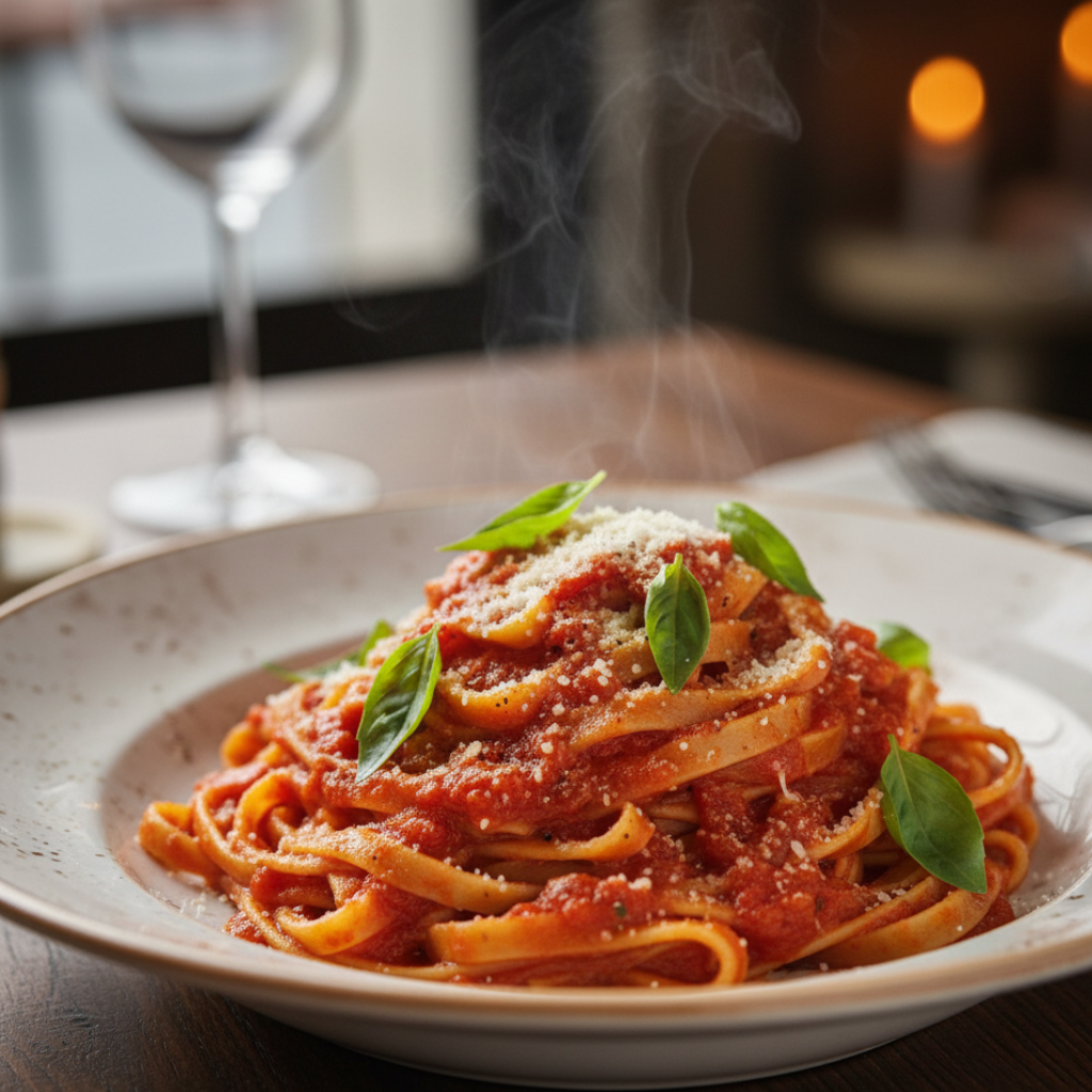 A beautiful bowl of classic pasta with tomato sauce, basil, and parmesan.