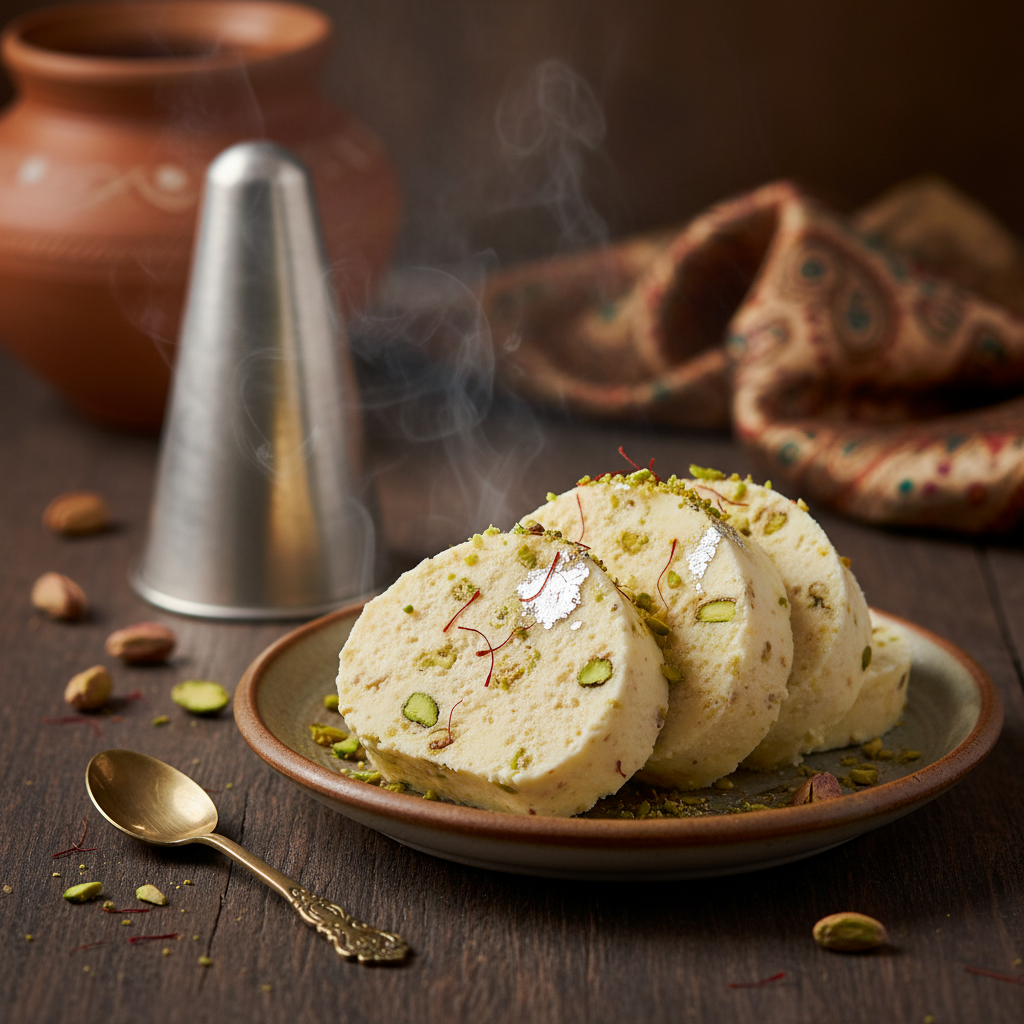 Saffron and Pistachio Kulfi dessert.