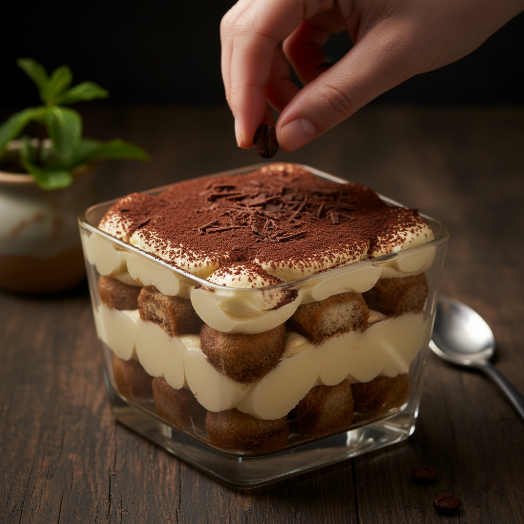 Elegant Tiramisu dusted with cocoa powder.