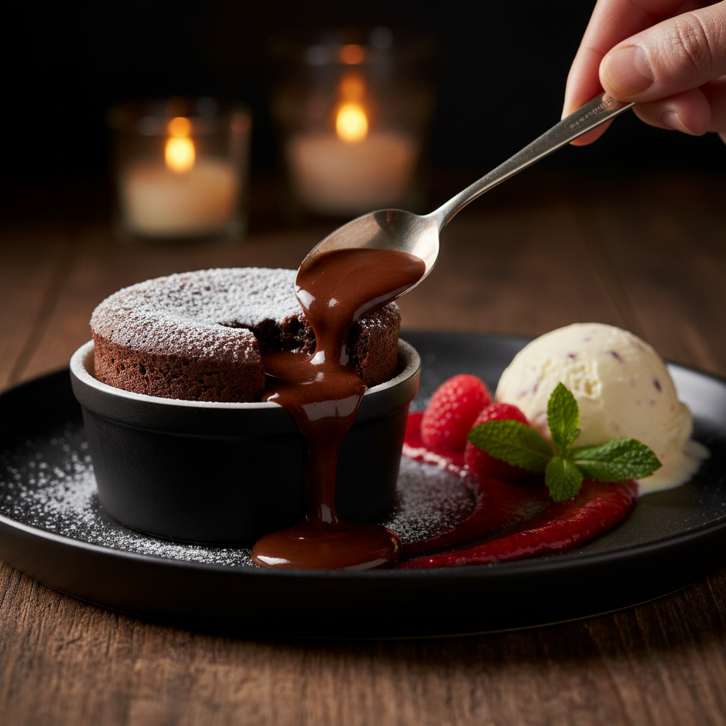 Molten chocolate lava cake with chocolate oozing out.