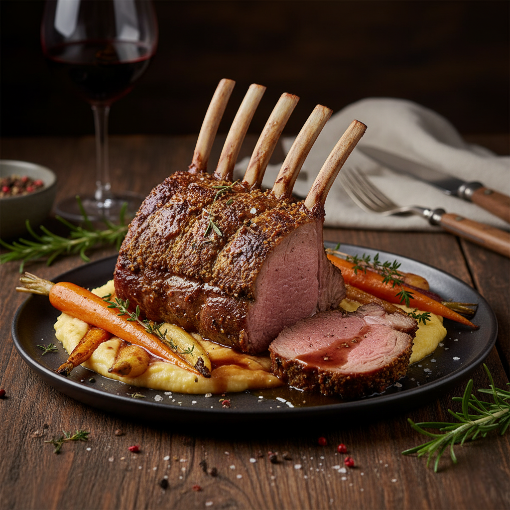 A gourmet lamb rack with a rich sauce and roasted vegetables.