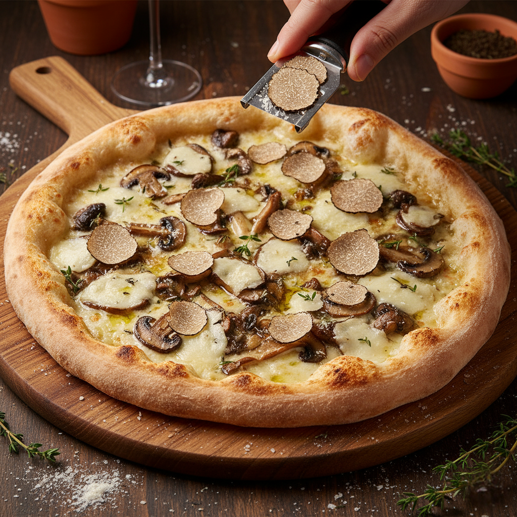 An artisanal pizza with gourmet toppings and melted cheese.